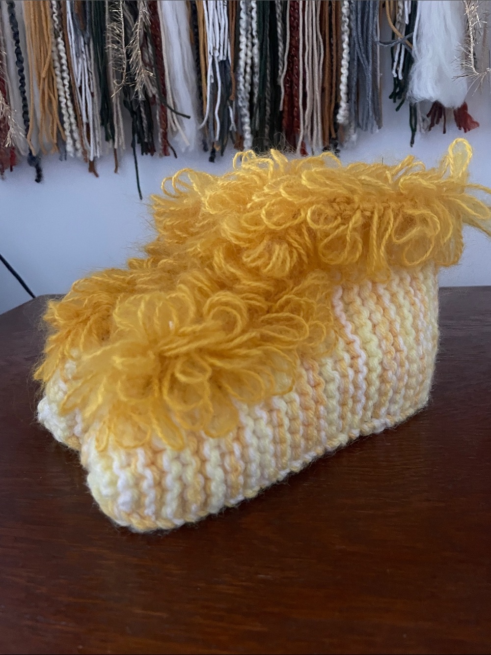 Handmade Yellow Knit Slippers with Fluffy Trim super vintage like new